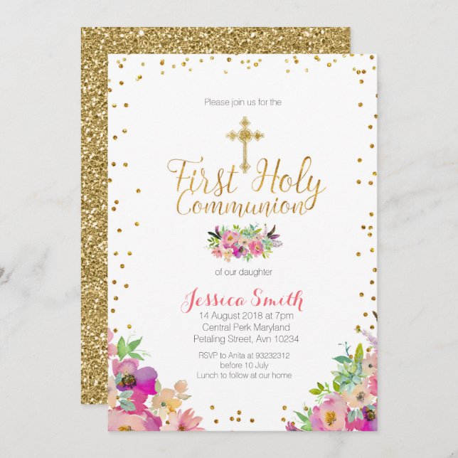 First Holy Communion Gold floral invite (Front/Back)
