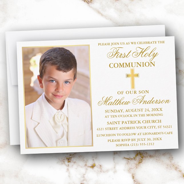 First Holy Communion Gold Frame Photo Invitation (Customize to change text size, color, style or to add more text to back of card.)