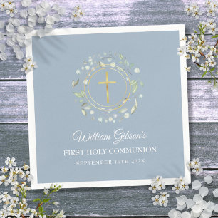 First Holy Communion Gold Greenery Dusty Blue Napkin