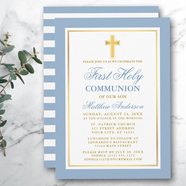 First Holy Communion Gold Light Blue Striped Invitation (Customize to change text size, color or text style.)
