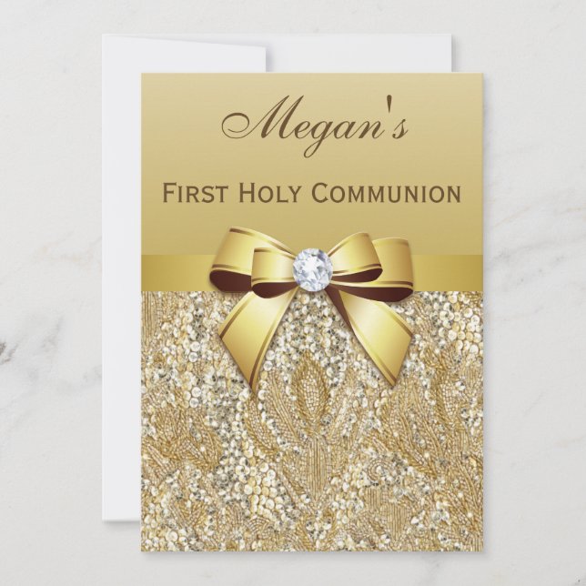 First Holy Communion Gold Sequins, Bow Diamond Invitation (Front)