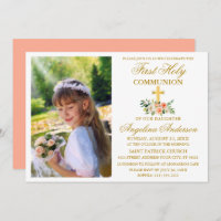 First Holy Communion Gold Watercolor Peach Floral