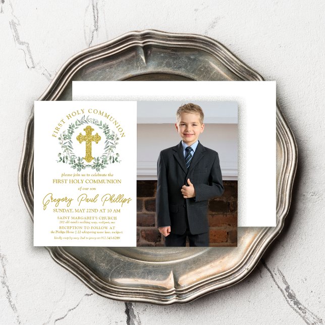 First Holy Communion Gold White Greenery Boy Photo Invitation (Creator Uploaded)