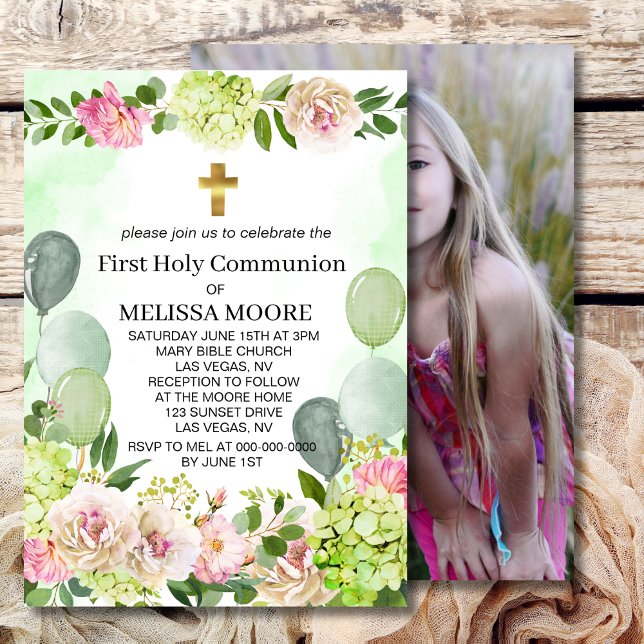 First Holy Communion Green Hydrangea Pink Floral  Invitation (Creator Uploaded)