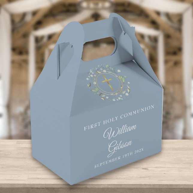 First Holy Communion Greenery Garland Dusty Blue Favour Box (Creator Uploaded)