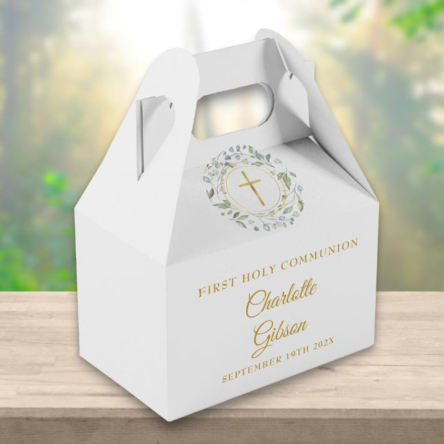 First Holy Communion Greenery Garland Gold Script Favour Box (Creator Uploaded)