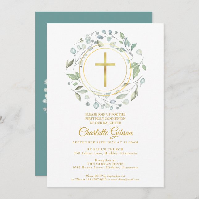 First Holy Communion Greenery Gold Cross Invitation (Front/Back)