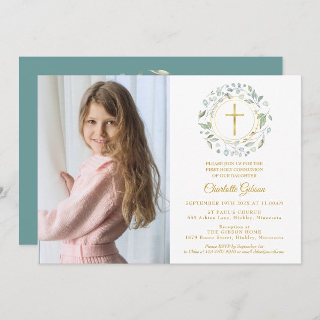 First Holy Communion Greenery Gold Cross Photo Invitation (Front/Back)