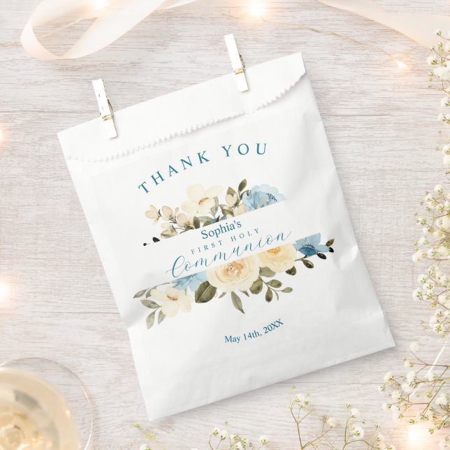 First Holy Communion Greenery Ivory Blue Flowers Favour Bags (Clipped)