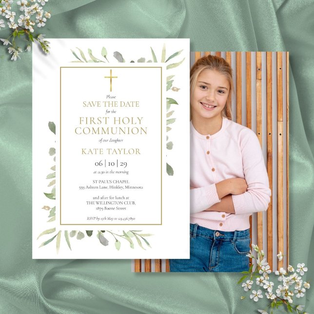 First Holy Communion Greenery Photo Save The Date (First Holy Communion Greenery Photo Save The Date)