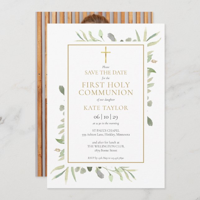 First Holy Communion Greenery Photo Save The Date (Front/Back)