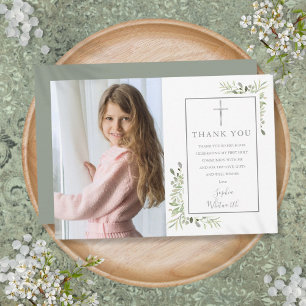 First Holy Communion Greenery Photo Thank You Card