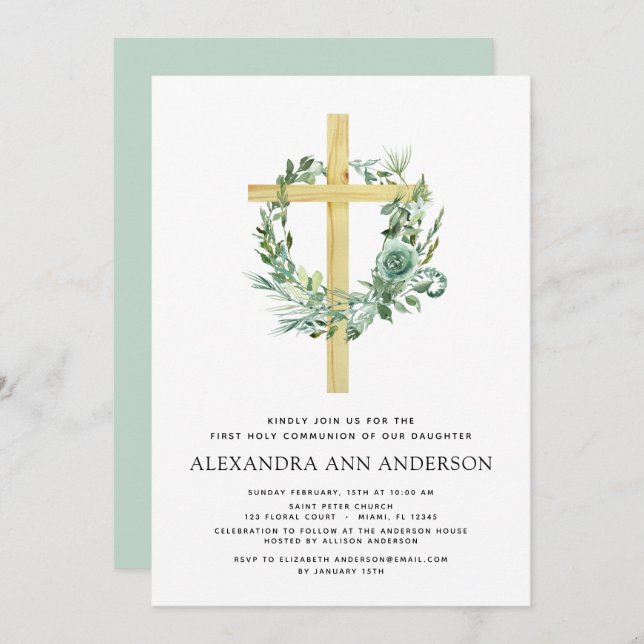 First Holy Communion Greenery Sage Eucalyptus Invi Invitation (Front/Back)