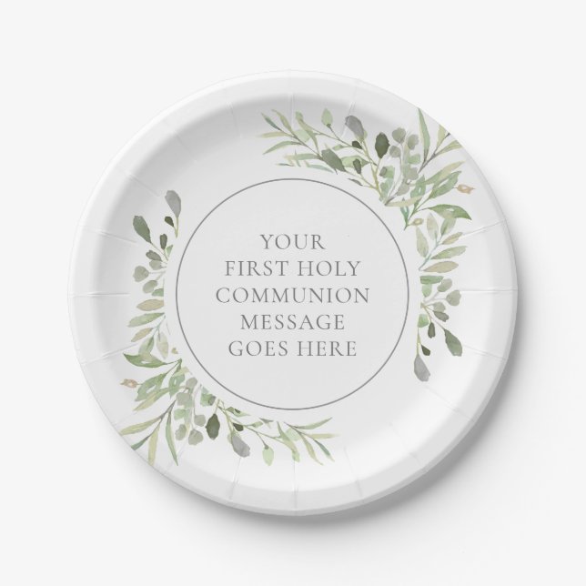 First Holy Communion Greenery Watercolor Paper Plate (Front)