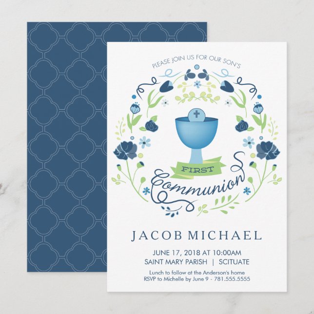 First Holy Communion Invitation Boy's Invite Card (Front/Back)