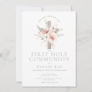 First Holy Communion Invitation, Floral Cross Invitation