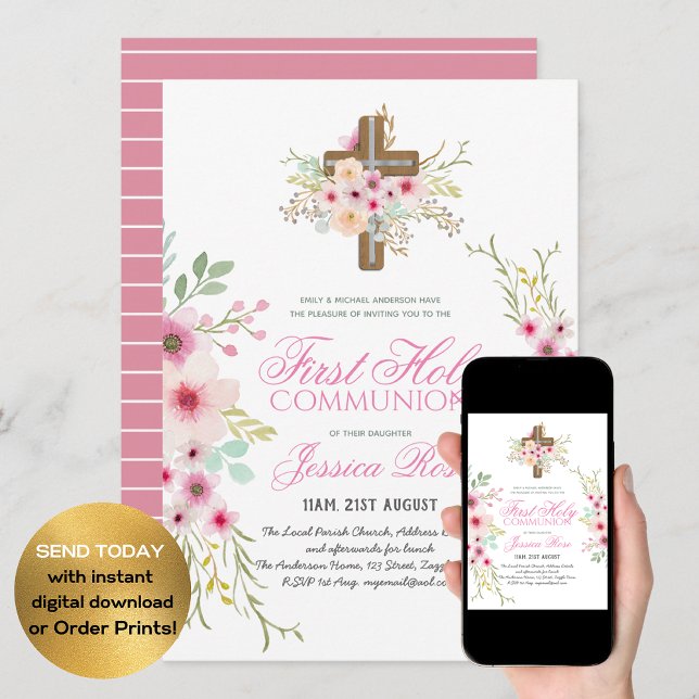 First HOLY Communion Invitation Floral Cross Pink (Creator Uploaded)