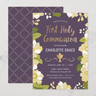 First Holy Communion Invitation, Floral w/ Gold Invitation