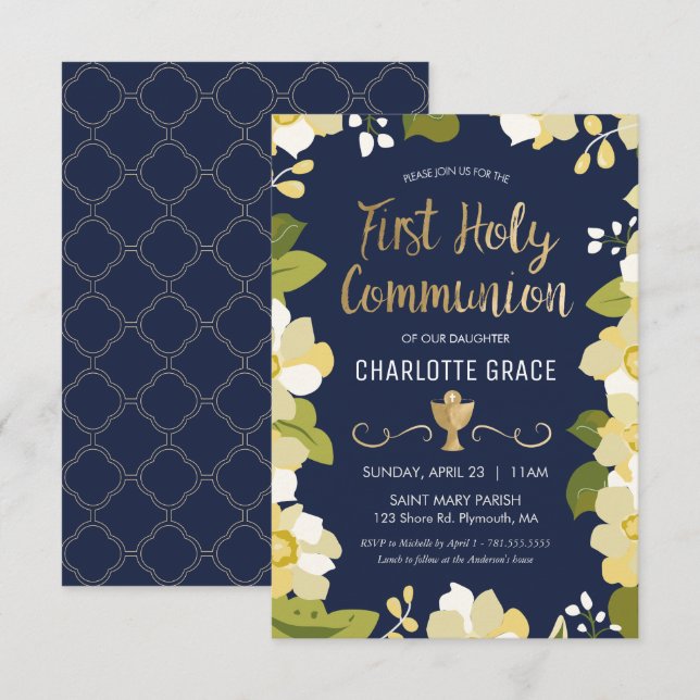 First Holy Communion Invitation, Floral w/ Gold Invitation (Front/Back)