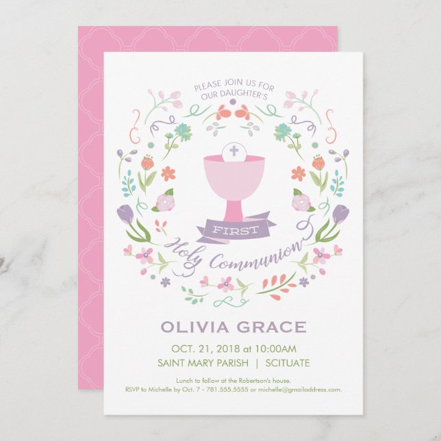 First Holy Communion Invitation, Girl's Invite (Front/Back)