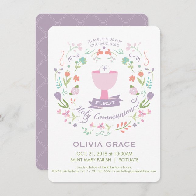 First Holy Communion Invitation, Girl's Invite (Front/Back)