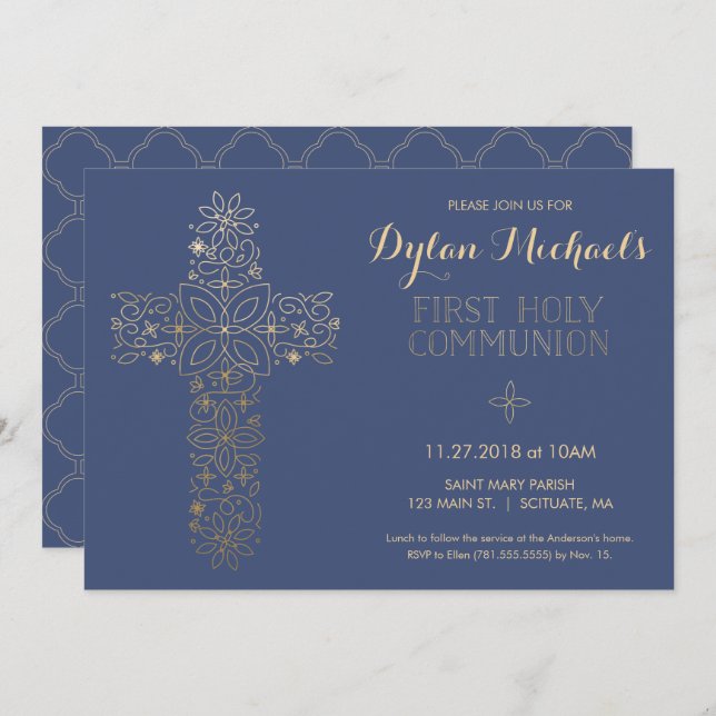 First Holy Communion Invitation, Gold Cross Invite (Front/Back)