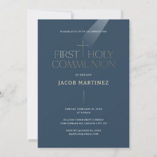 First Holy Communion Invitation Navy Gold Cross