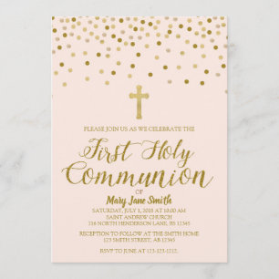 First Holy Communion Invitation, Pink and Gold Invitation