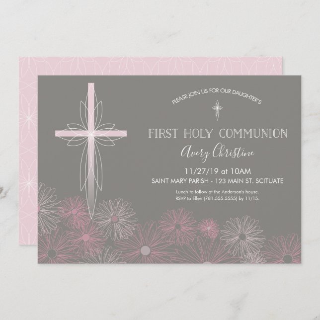 First Holy Communion Invitation w/ Cross, Flowers (Front/Back)