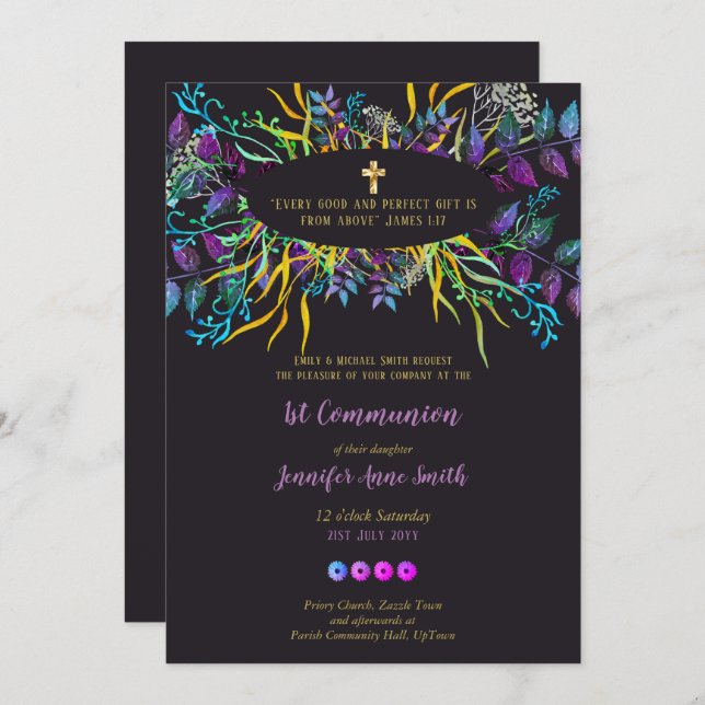 First Holy Communion Invite Girl PURPLE - VERSE (Front/Back)