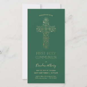 First Holy Communion Invite - Gold, Elegant, Green