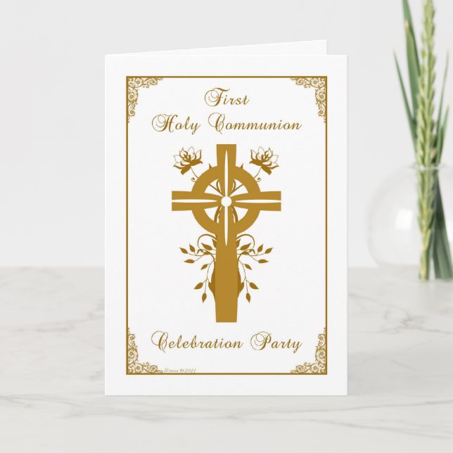 First Holy Communion Invite - Golden Cross Floral (Front)