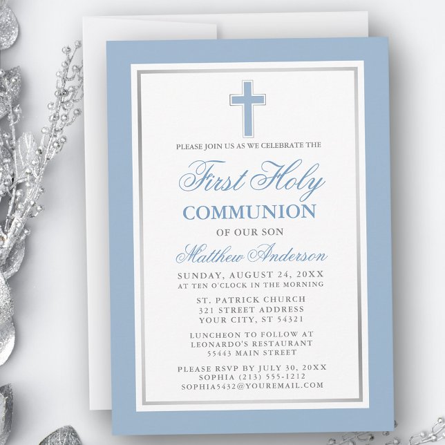 First Holy Communion Light Blue and Silver Invitation (Customize to change text size, color or text style.)
