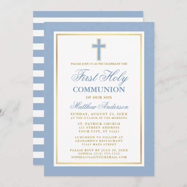 First Holy Communion Light Blue Gold Striped Invitation (Front/Back)