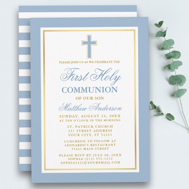 First Holy Communion Light Blue Gold Striped Invitation (Customize to change text color, size or text style.)