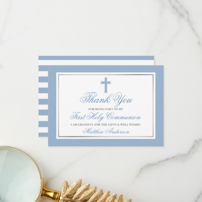 First Holy Communion Light Blue Silver Striped Thank You Card (Front/Back In Situ)