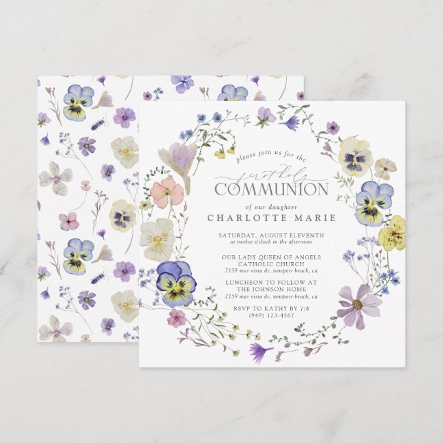 First Holy Communion Lilac & Blue Floral Girl Invitation (Front/Back)
