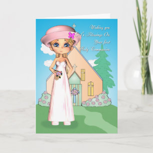 first holy communion little girl and church card