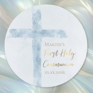 First Holy Communion modern blue watercolor  Classic Round Sticker