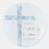 First Holy Communion modern blue watercolor  Classic Round Sticker (Front)