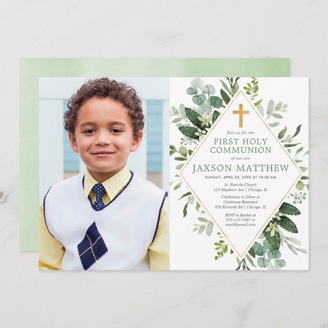 First Holy Communion modern eucalyptus photo Invitation (Front/Back)