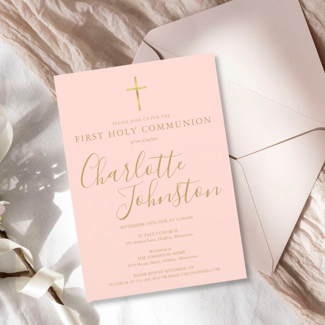 First Holy Communion Modern Gold Blush Pink  Invitation (Creator Uploaded)