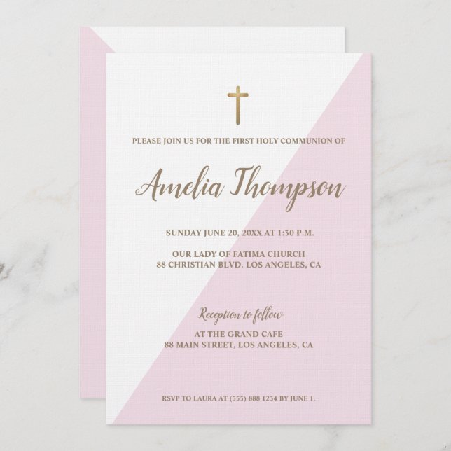 First Holy Communion Modern Pink White Gold Invitation (Front/Back)