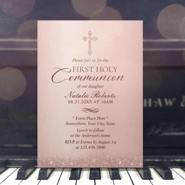First Holy Communion Modern Rose Gold Invitation (Creator Uploaded)