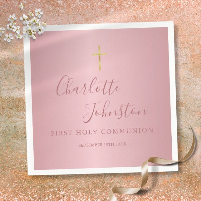 First Holy Communion Modern Rose Gold Pink Napkin (First Holy Communion Modern Rose Gold Pink Napkins)