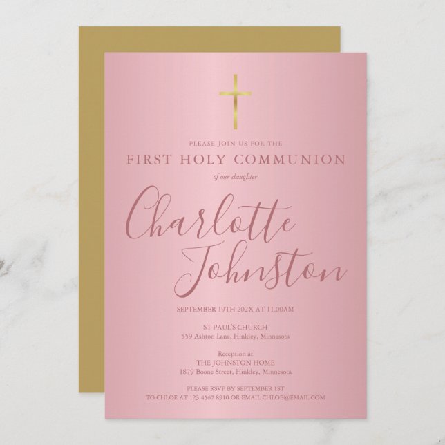 First Holy Communion Modern Script Rose Gold   Invitation (Front/Back)