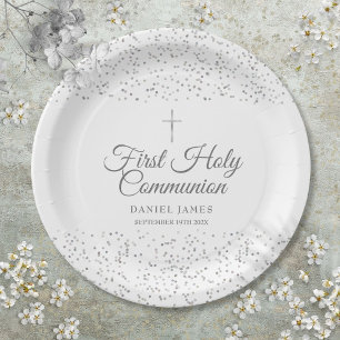 First Holy Communion Modern Silver Stardust  Paper Plate