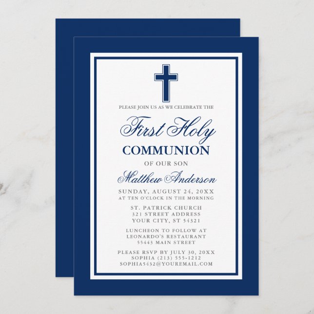 First Holy Communion Navy Blue Silver Invitation (Front/Back)