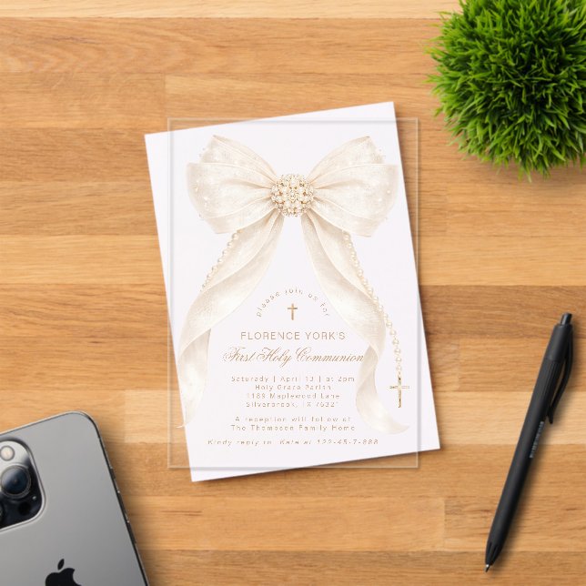 First Holy Communion Neutral Bow Pearls Gold Acrylic Invitations (Insitu (Invitation Card))