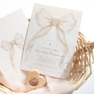 First Holy Communion Neutral Bow Pearls Gold Invitation